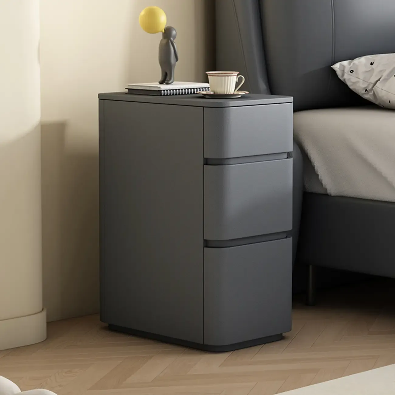 Narrow Leather Wood 3-Drawer Black Nightstand