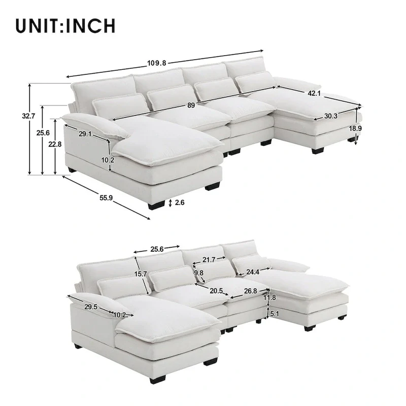 6-seat Upholstered Modern U-shaped Sectional Sofa with Waist Pillows,Sleeper Sofa Couch with Chaise Lounge,White