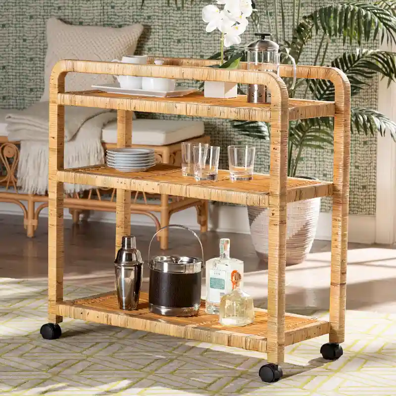 Delphine Modern Bohemian Natural Rattan Kitchen Cart