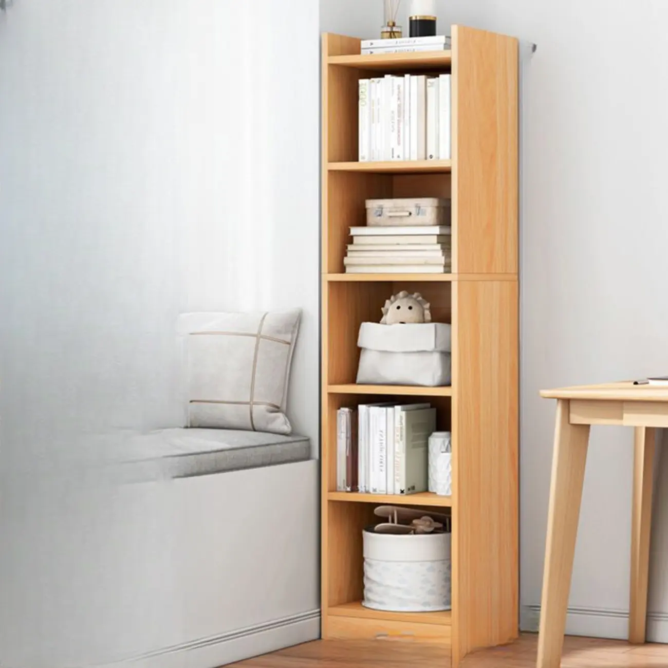 Scandinavian Oak Rectangle 5-Shelf Wood Bookcase