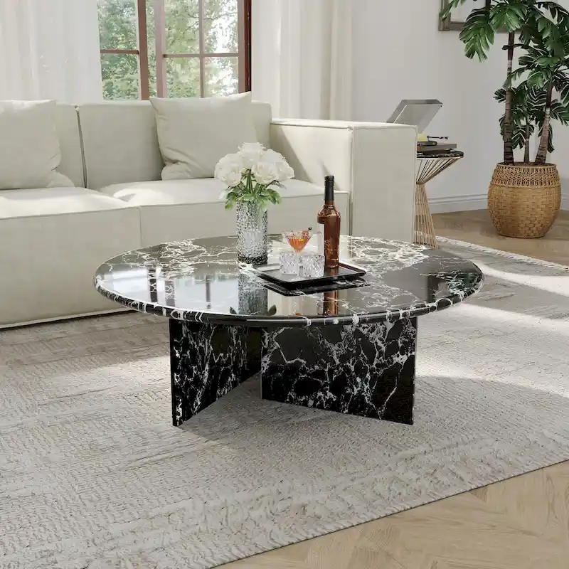 35.43Modern Round Coffee Table,Glossy Faux Marble Table top