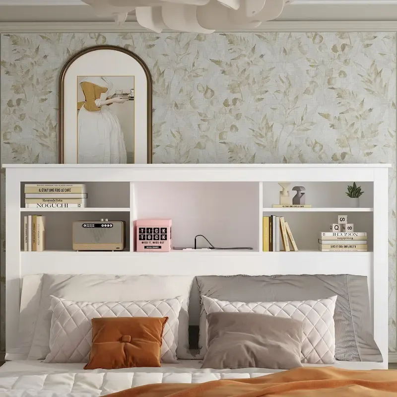 65Timechee Queen Bookcase Headboard RGB Light Adjustable Shelf