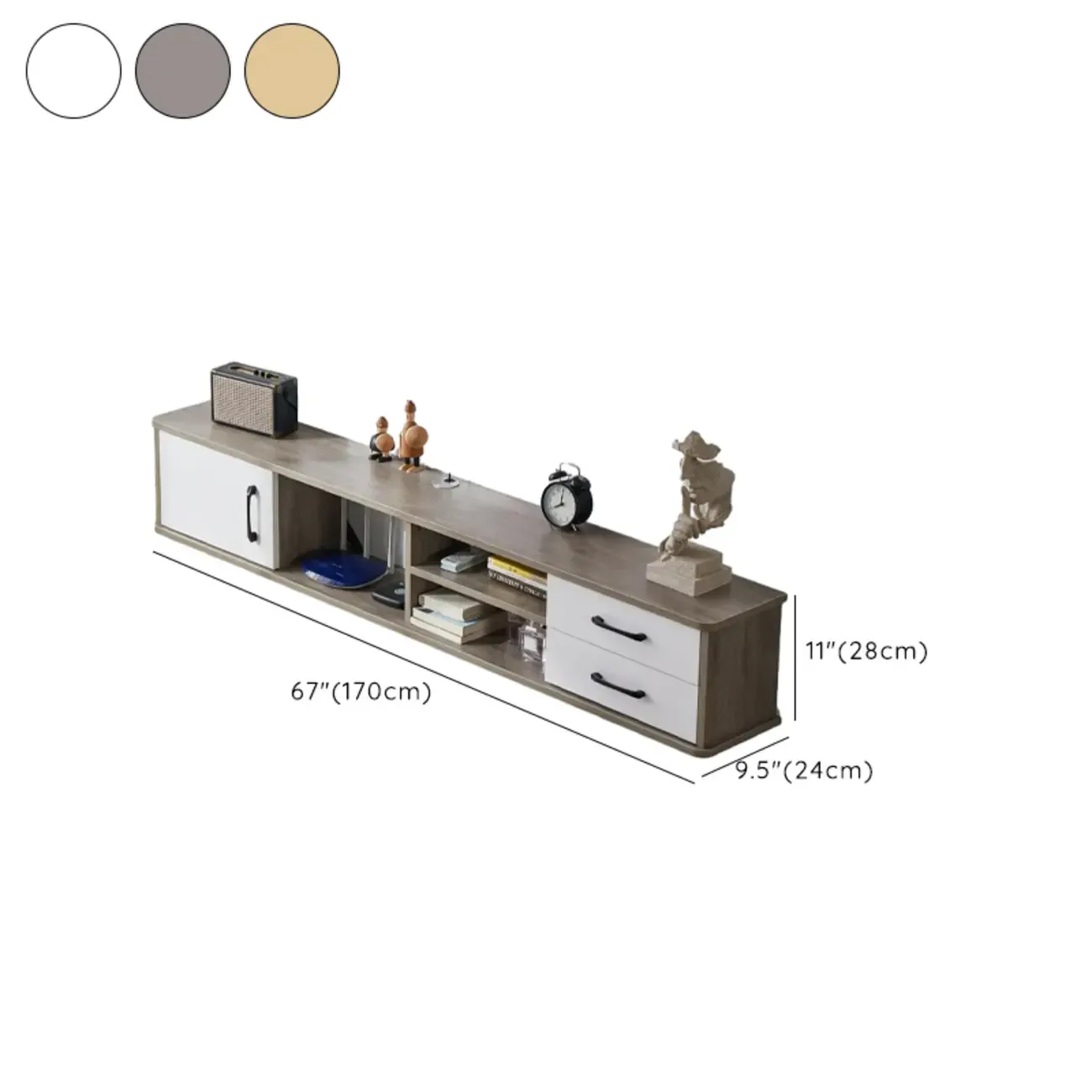 59 Grey Wooden Open Shelf Floating TV Stand with Drawers