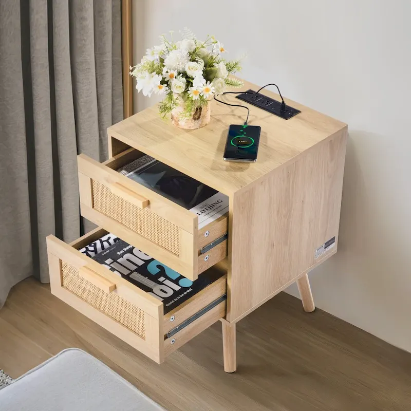 Natural Wooden Nightstand Side End Table with 2 Rattan Decorated Storage Drawers and USB Ports