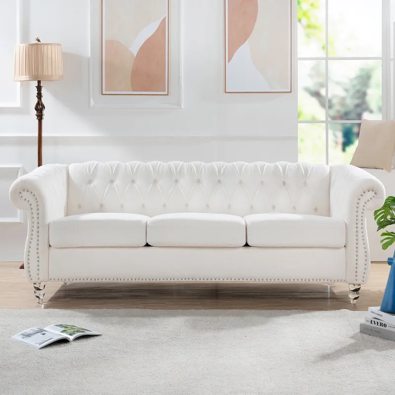 3-Seater Sofa, Button-Tufted, Rolled Arms, Nailhead Trim, Low Back, Upholstered, Seats 3, White