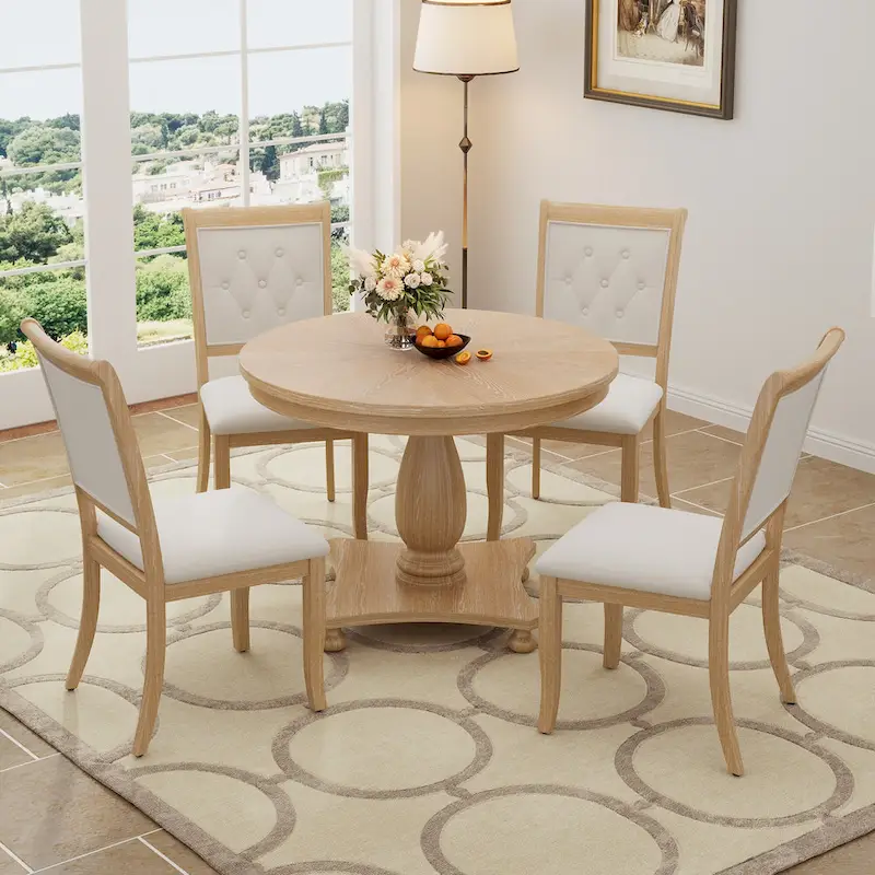 Retro Round Dining Table with 4 Upholstered Chairs