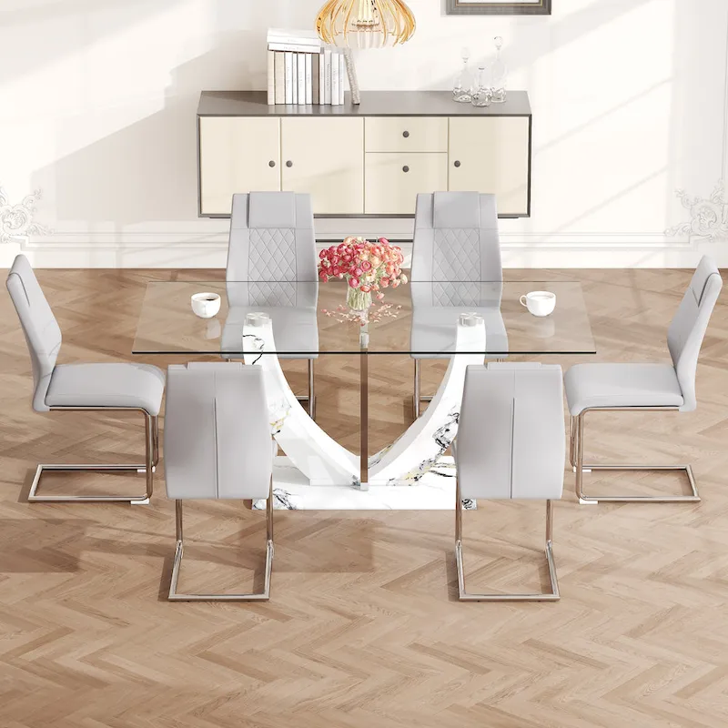 Modern Tempered Glass Dining Table Set with U-shaped Marble Pattern Base and PU Upholstered Chairs