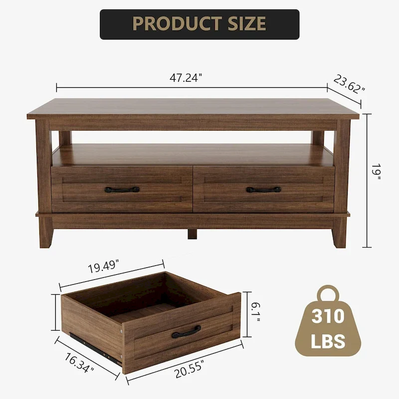 Farmhouse Coffee Table with Drawers and Open Shelf - N/A