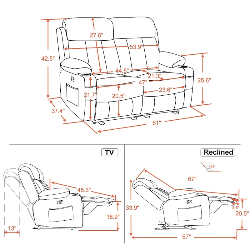 MCombo Electric Power Reclining Sofa with Heat & Massage, Faux Leather 6095/6075/6077