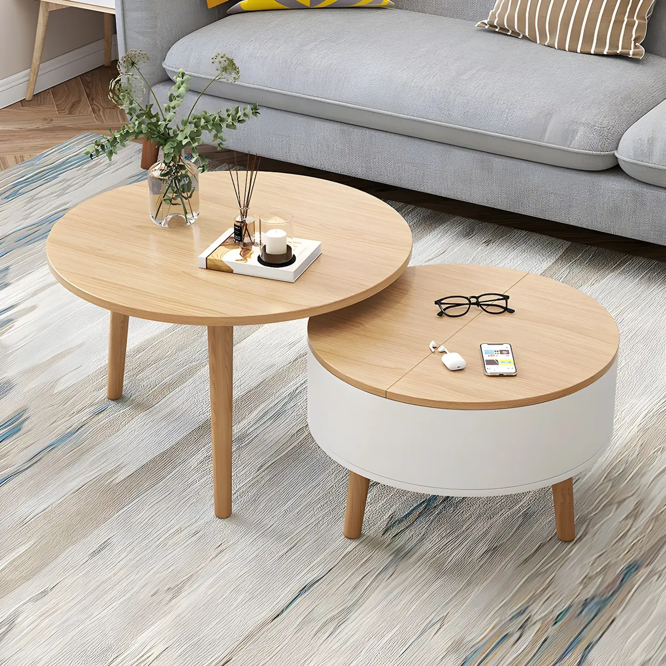 Black White Modern Round Wood Coffee Table with Storage