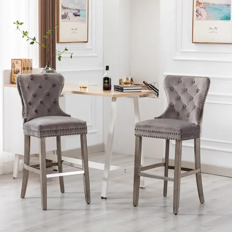 Carter 29 Wingback Tufted Nailhead Bar Stool (Set of 2), Antique Grey Legs