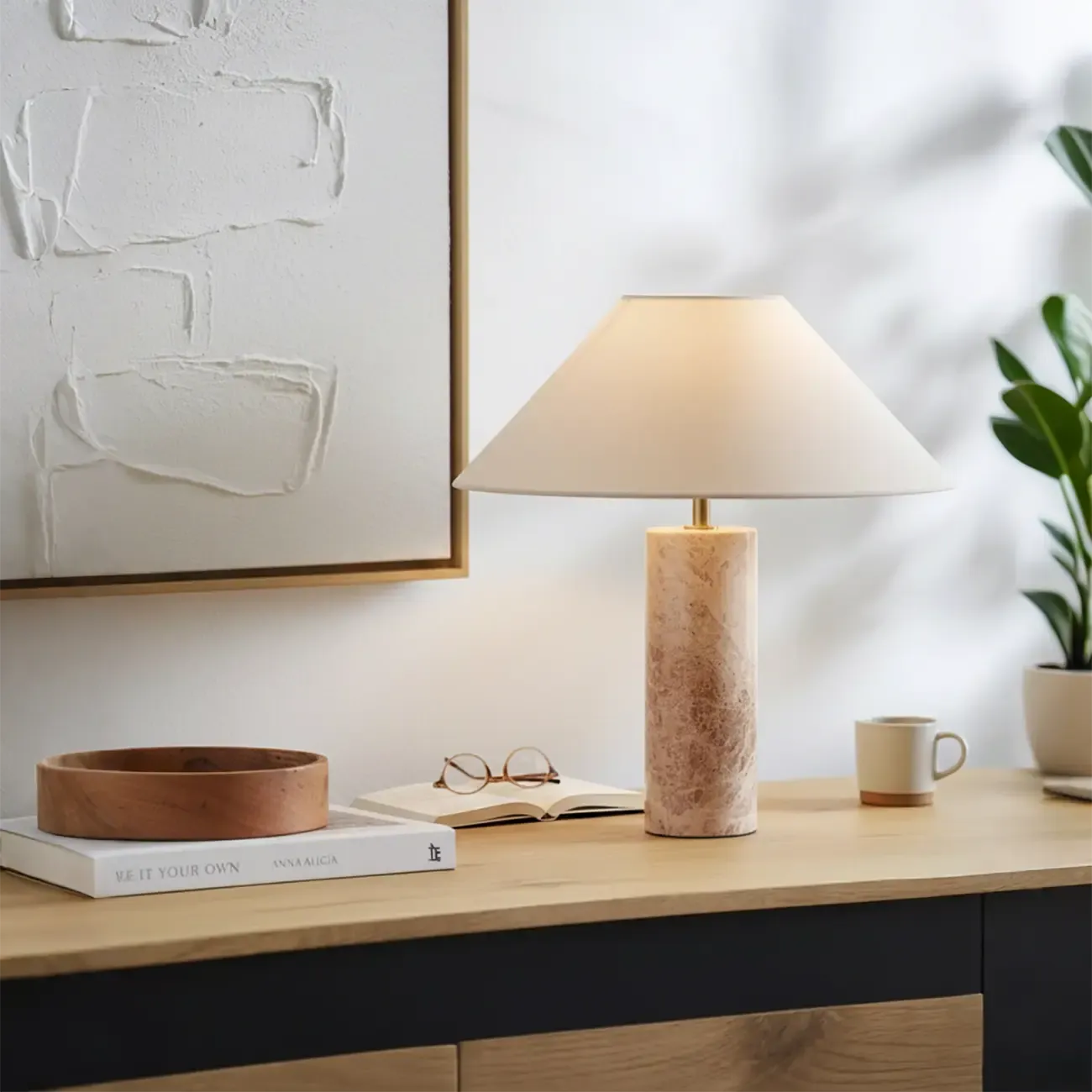 Elegant Beige Marble Base Table Lamp with Fabric Shade