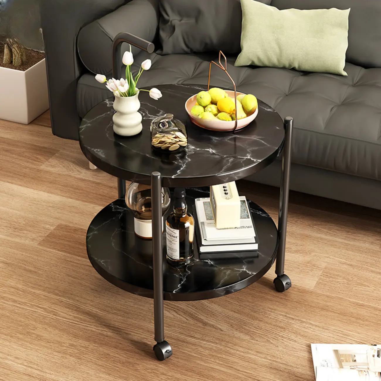 Modern 2-Tier Wood Round Coffee Table with Wheels, Tray