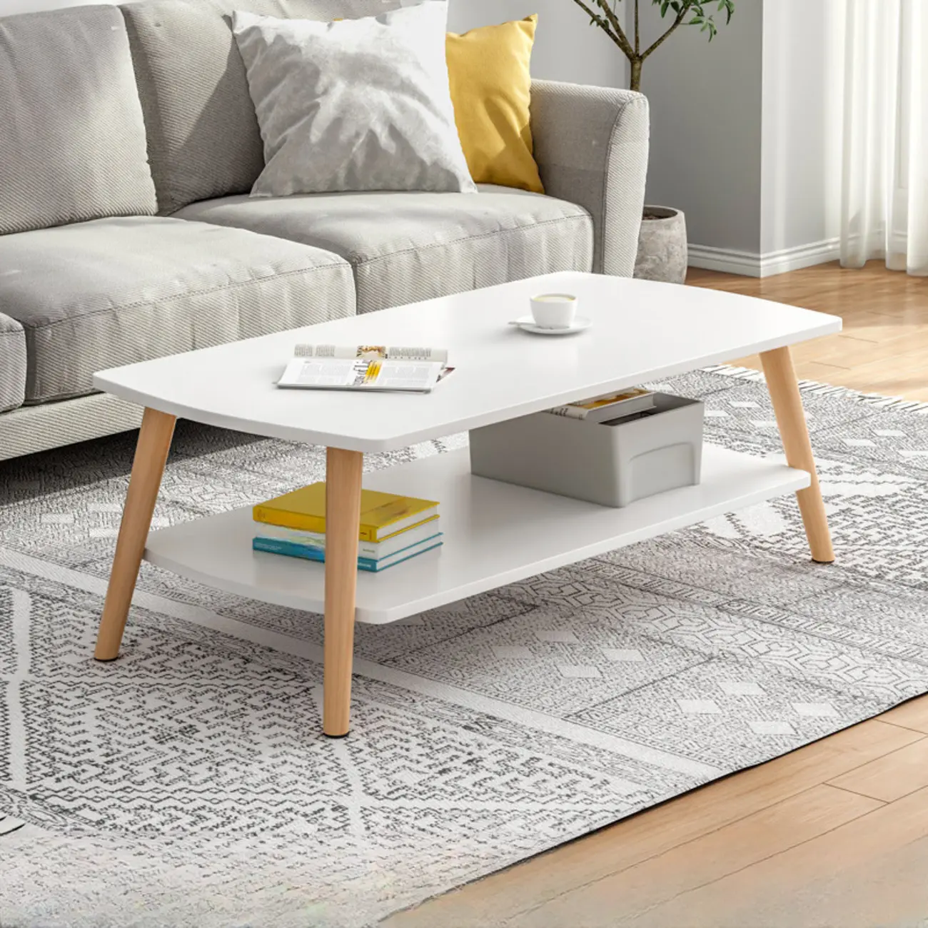 2-Tier Scandinavian Wooden Coffee Table with Storage Design