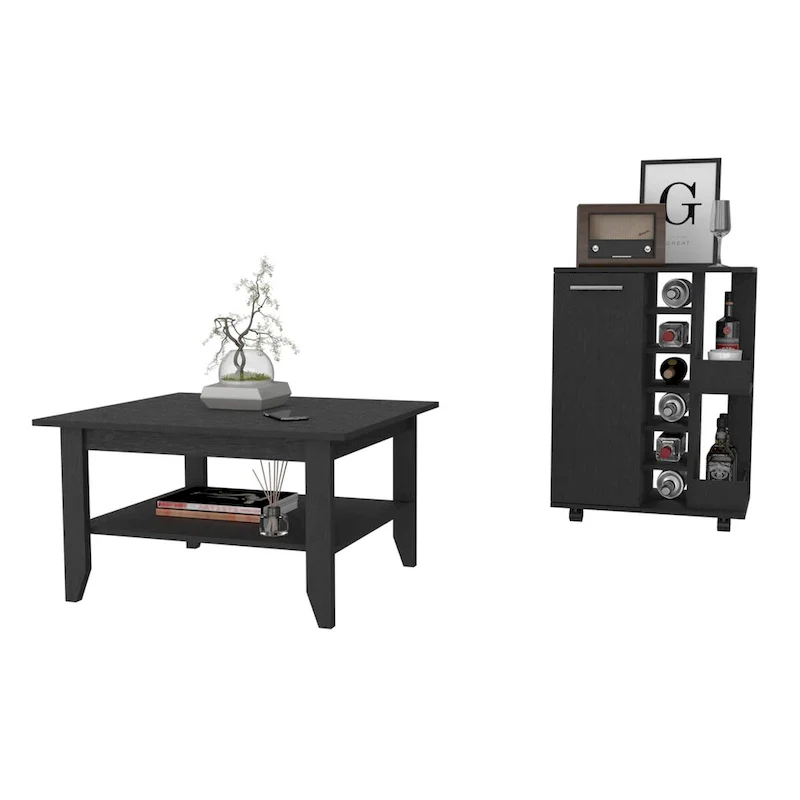 Payson 2-Piece Living Room Set, Bar Cart + Coffee Table, Black for Kitchen, Party and Living Room
