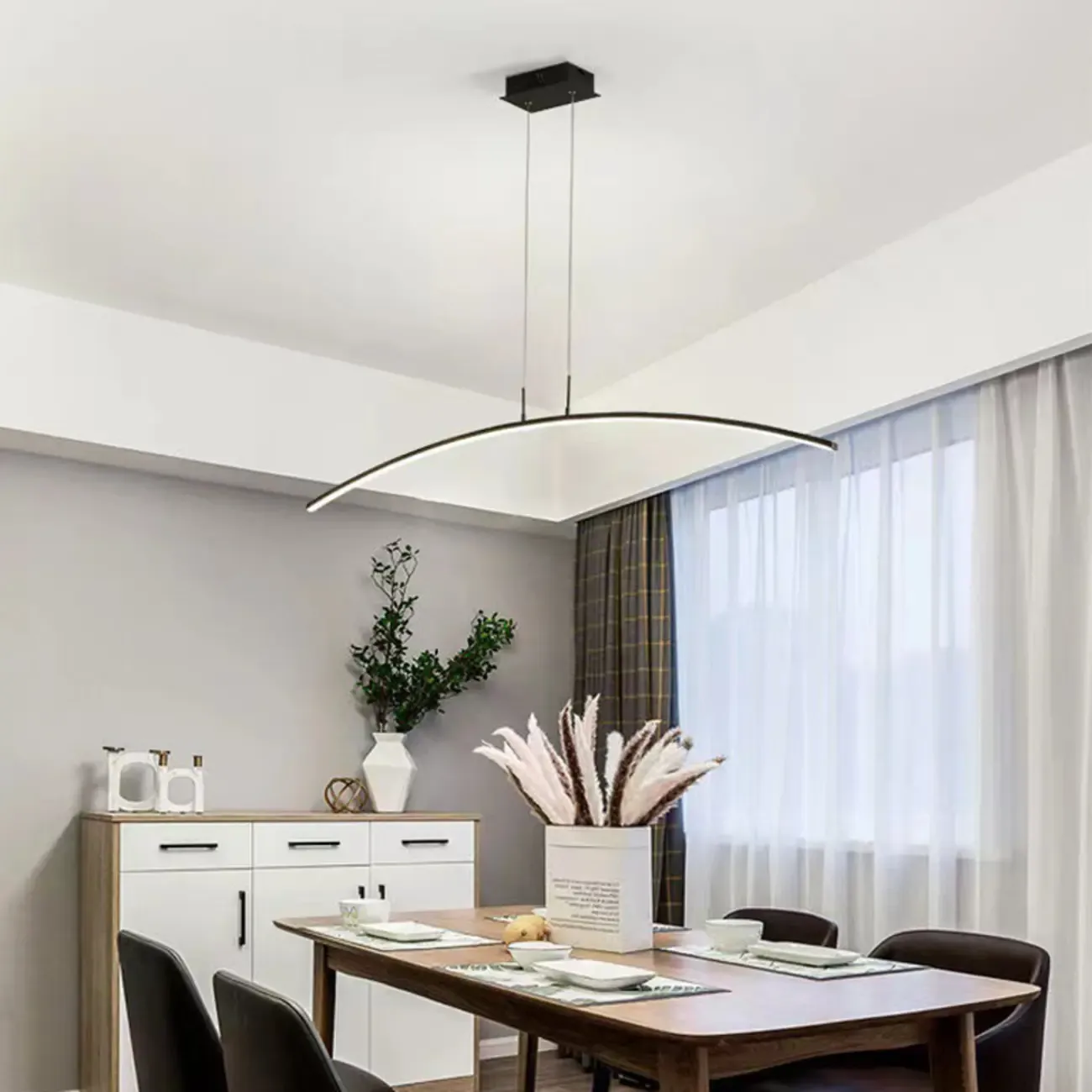 Black Linear Silica Gel Island Pendant Light Arch Shaped LED