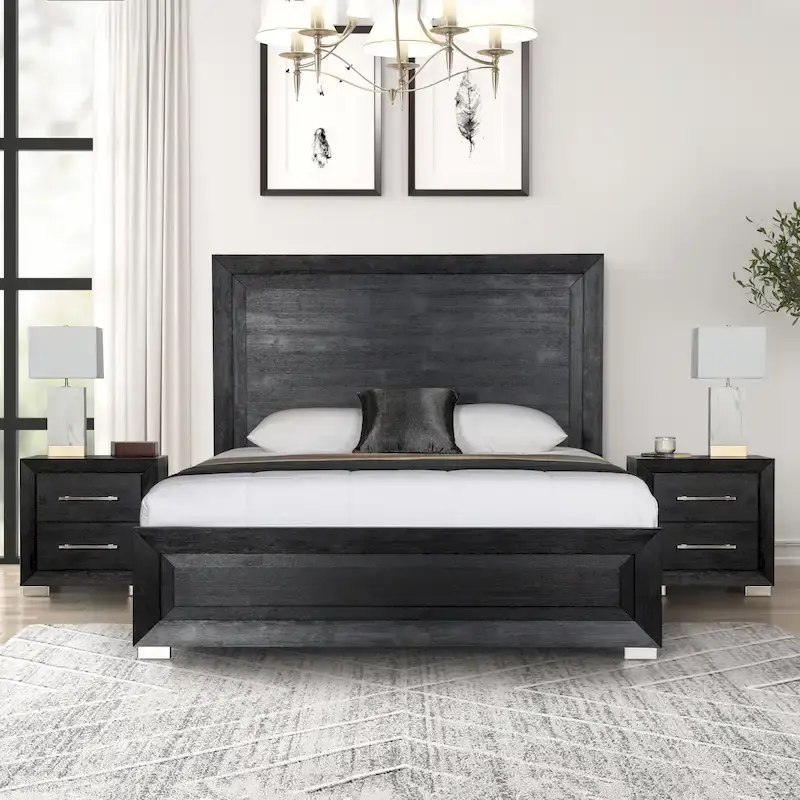 Furniture of America Alaric Modern Black Solid Wood 3-Piece Bed and 2 Nightstand Bedroom Set With LED Headboard