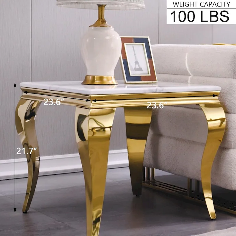 White and Gold End Table Side Table with Polished Gold Cabriole Legs