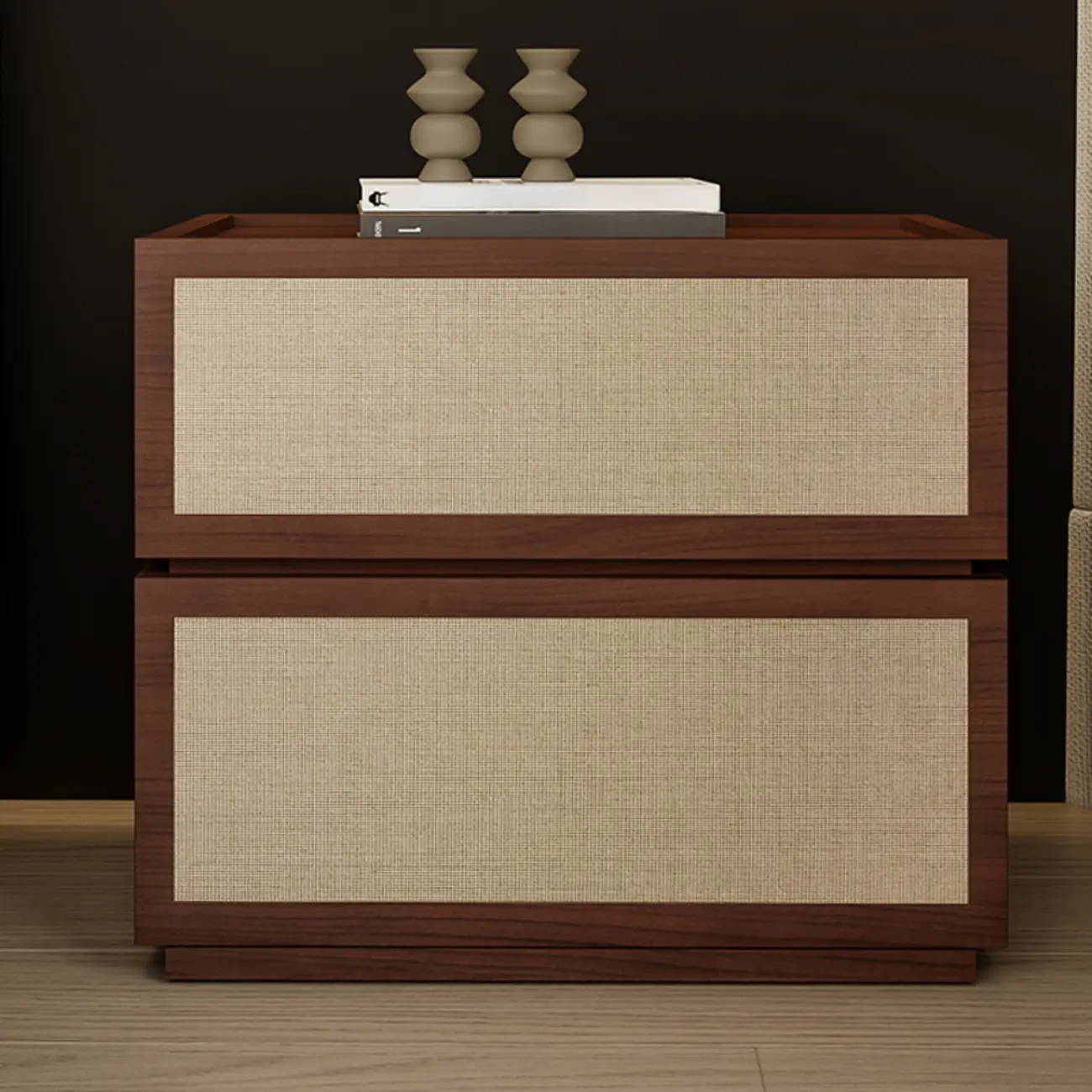 Dark Walnut 2-Drawer Fabric Wood Frame Nightstand