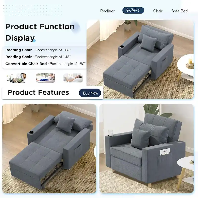 AECOJOY Adjustable Sleeper Chair Bed 3-in-1 Convertible Futon Sofa