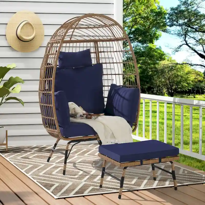 Wicker Rattan Egg Chair with Ottoman and Cushions for Porch, Backyard, Balcony