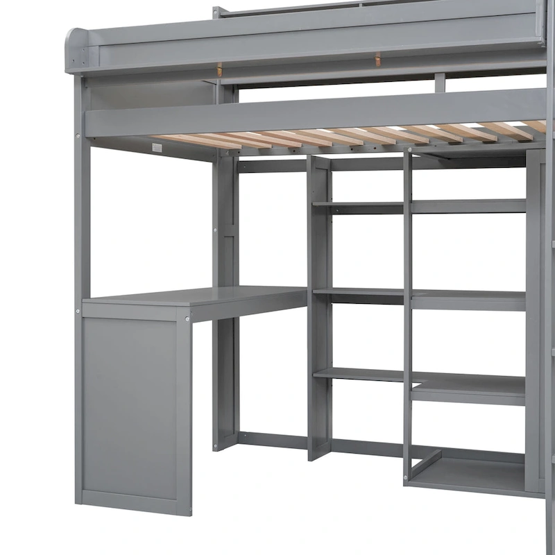 Twin Wood Loft Bed with Shelves, Wardrobe, and Desk