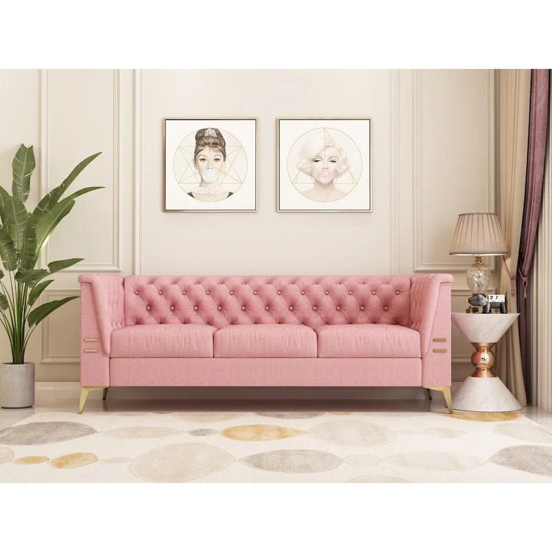 82 Velvet 3 Seater Chesterfield Sofa Couch with Gold Metal Legs, High Rebound Sponge and Removable Cushions