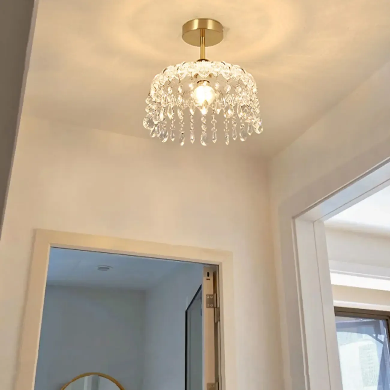 Mini 1 Light Gold Crystal Chandelier Semi Flush Ceiling Light