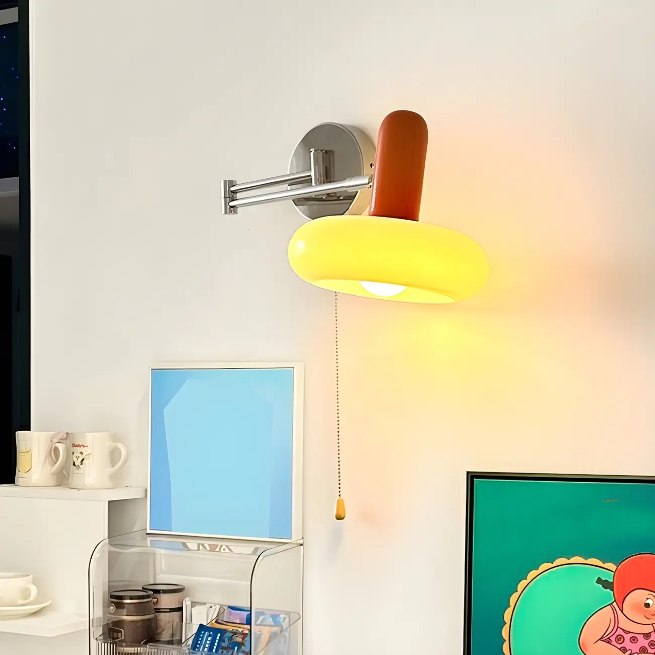 Contemporary Metal Silver Red Swing Arm Wall Light