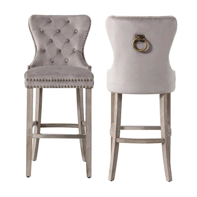 Carter 29 Wingback Tufted Nailhead Bar Stool (Set of 2), Antique Grey Legs