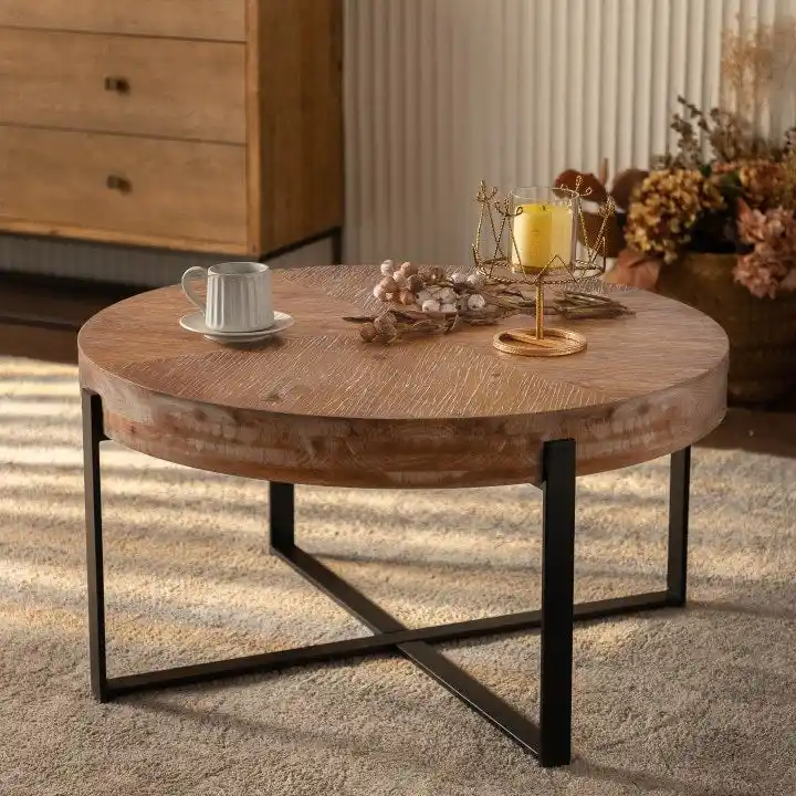 Modern Retro Splicing Round Coffee Table with Cross Legs