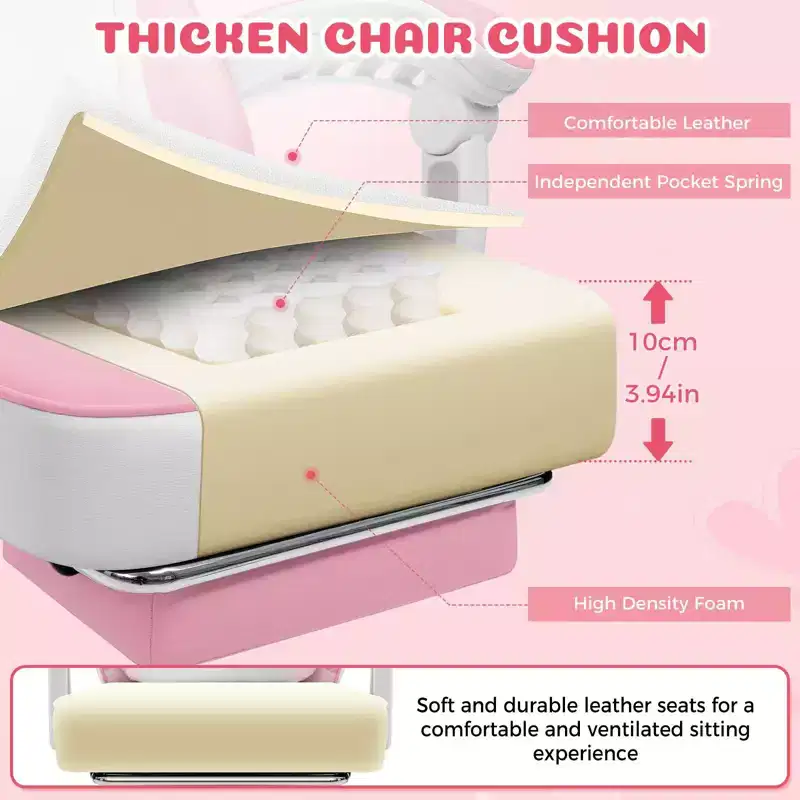 Hoffree Cute Pink Gaming Chair Girls Ergonomic Desk Chair with Footrest & Massage Lumbar