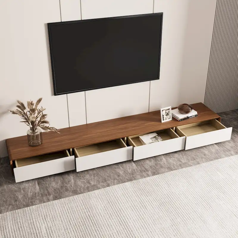 Modern Rectangular TV Stand with 4 Drawers, Wood Veneer Media Console, Walnut White, Soild Wooden, Fully-Assembled