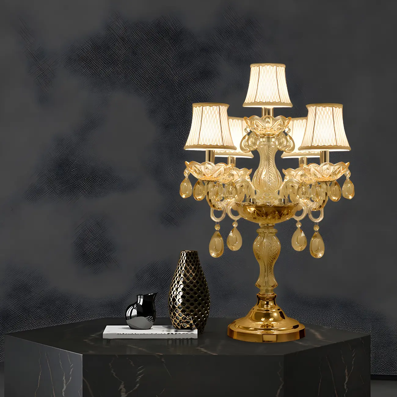 Luxury Gold Multi-Light Crystal Candelabra Table Lamp