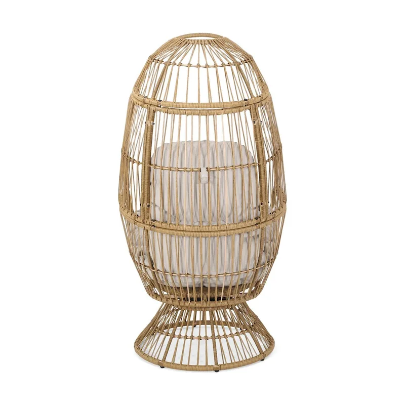 Oaks Aura Abstract Mesh Design Wicker Chair, Handcrafted Woven Rattan Swivel Egg Shape Chair, Basket Shape Chair With Cushion