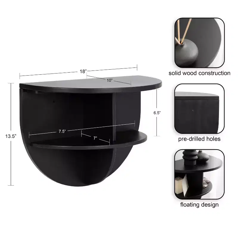 Half Circle Wood Floating Side Table – 18x14, Black, Built-In Shelves, Space-Saving