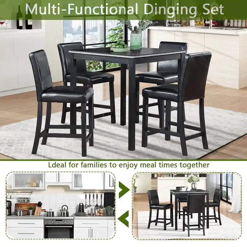 5 Pcs Counter Height Dining Table Set, Wooden Diningroom Furniture Set with Square Table and 4 Upholstered Chairs