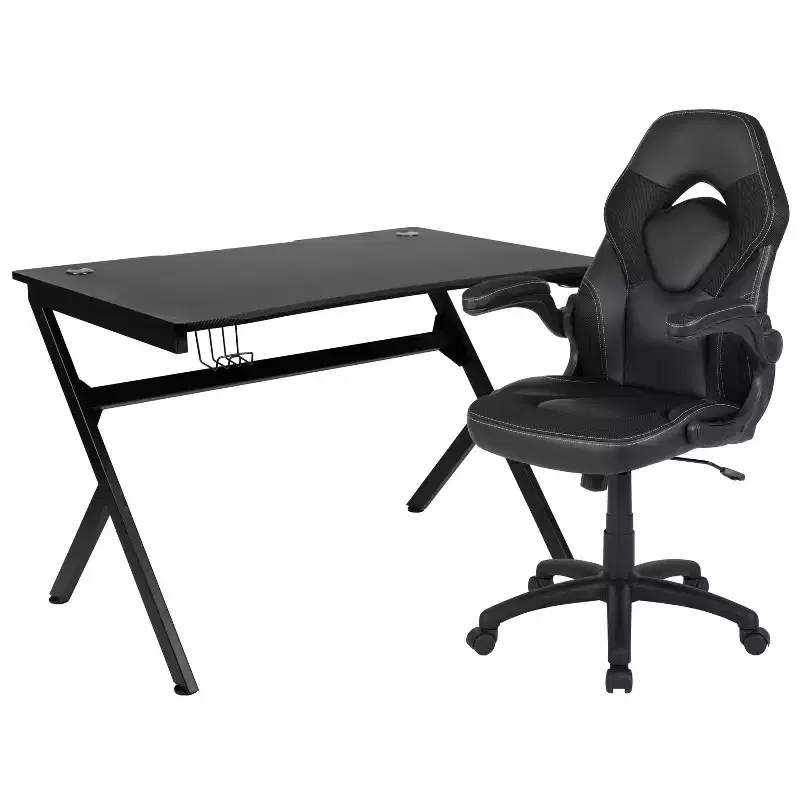 Flash Furniture Gaming Desk and Racing Chair Set with Cup Holder, Headphone Hook & 2 Wire Management Holes