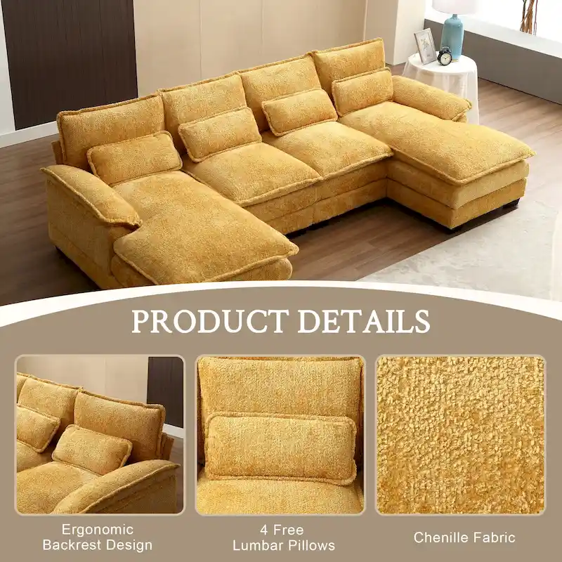 Chenille Upholstered U-Shaped Living Room Sectional Sofa With Wooden Legs