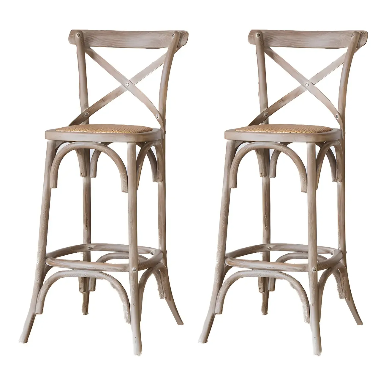 Rustic Solid Wood Wicker Cross Back Bar Stool in Brown/ Grey