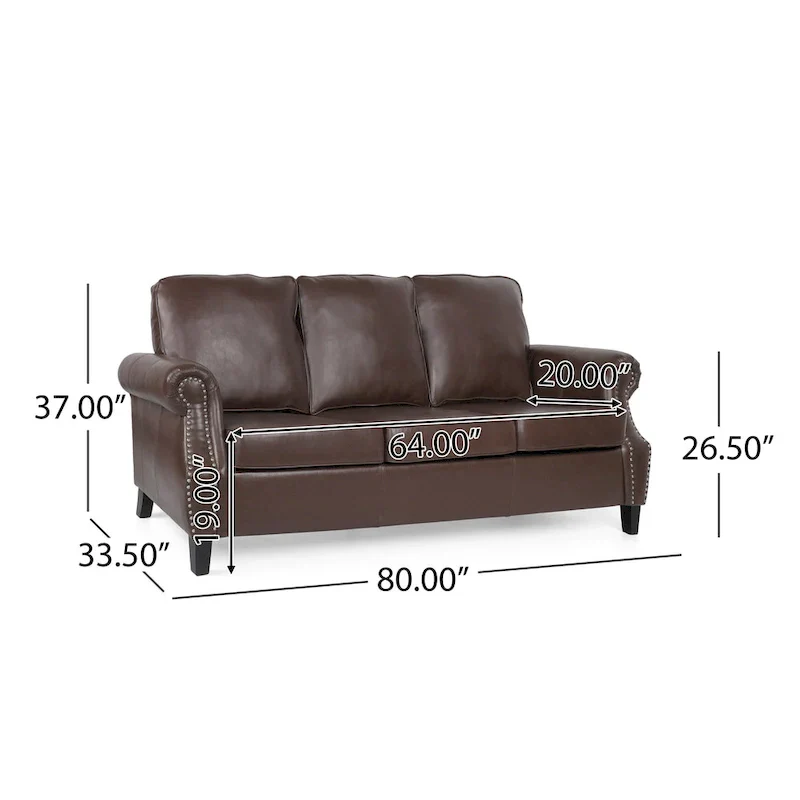 80 Modern Faux Leather 3-Seater Sofa with Birch Legs and Nailheads