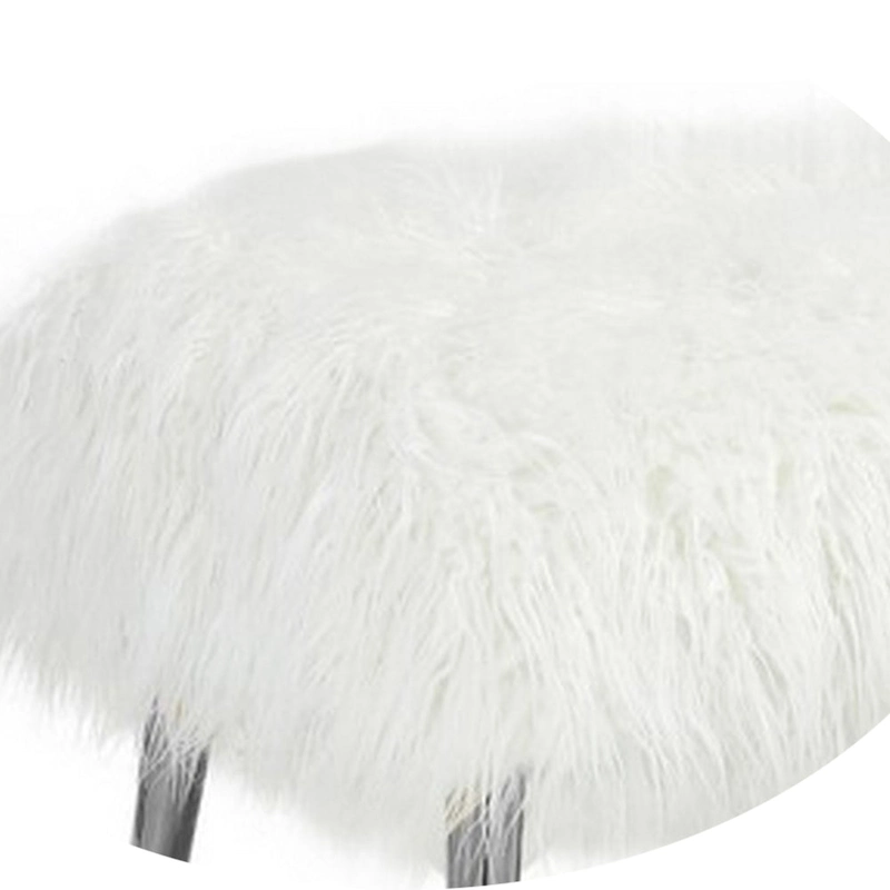 Ammy 45 Inch Bench with Foam Fill Seat, White Faux Fur, Silver Metal Legs