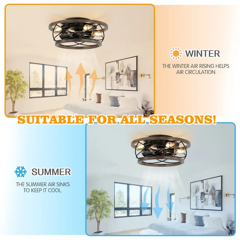 CurveCurio 18  Drum Farmhouse Wood Ceiling Fan, Wood Fan Light with Metal Accents, 4 Light 3 Fan Speed w Remote Control