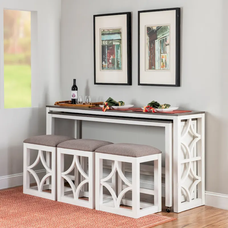 Crewson Wood 2-Piece Nesting Rolling Console with 3 Stools
