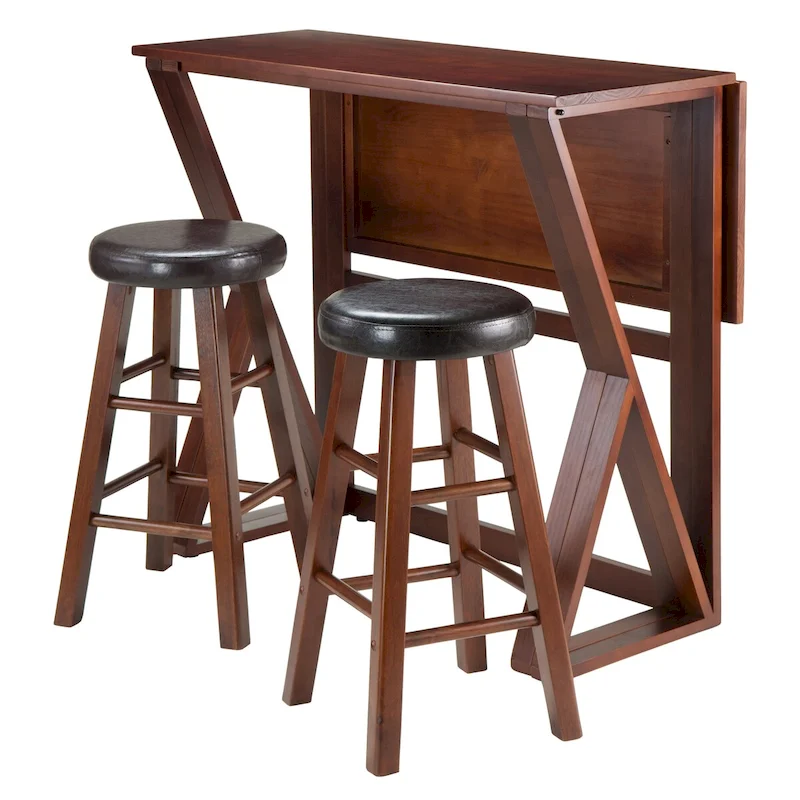 3-Pc Drop Leaf High Table with Cushion Seat Counter Stools, Walnut and Espresso