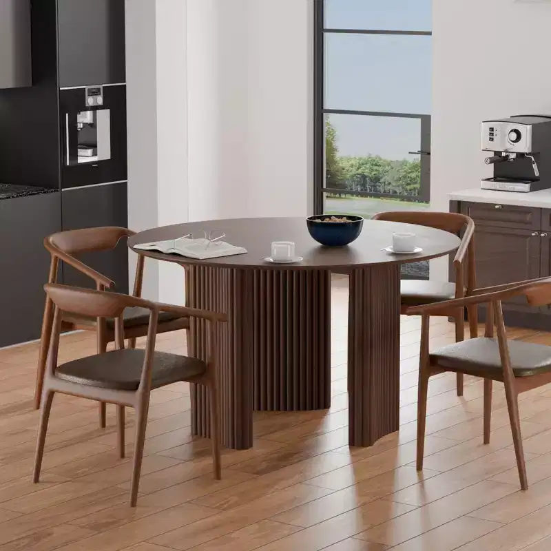 46 Round Dining Table Kitchen Table for 4 with Arc-Shaped Edge Top and Fluted Pedestal Legs for Living Room Dining Room Coffee Office Walnut
