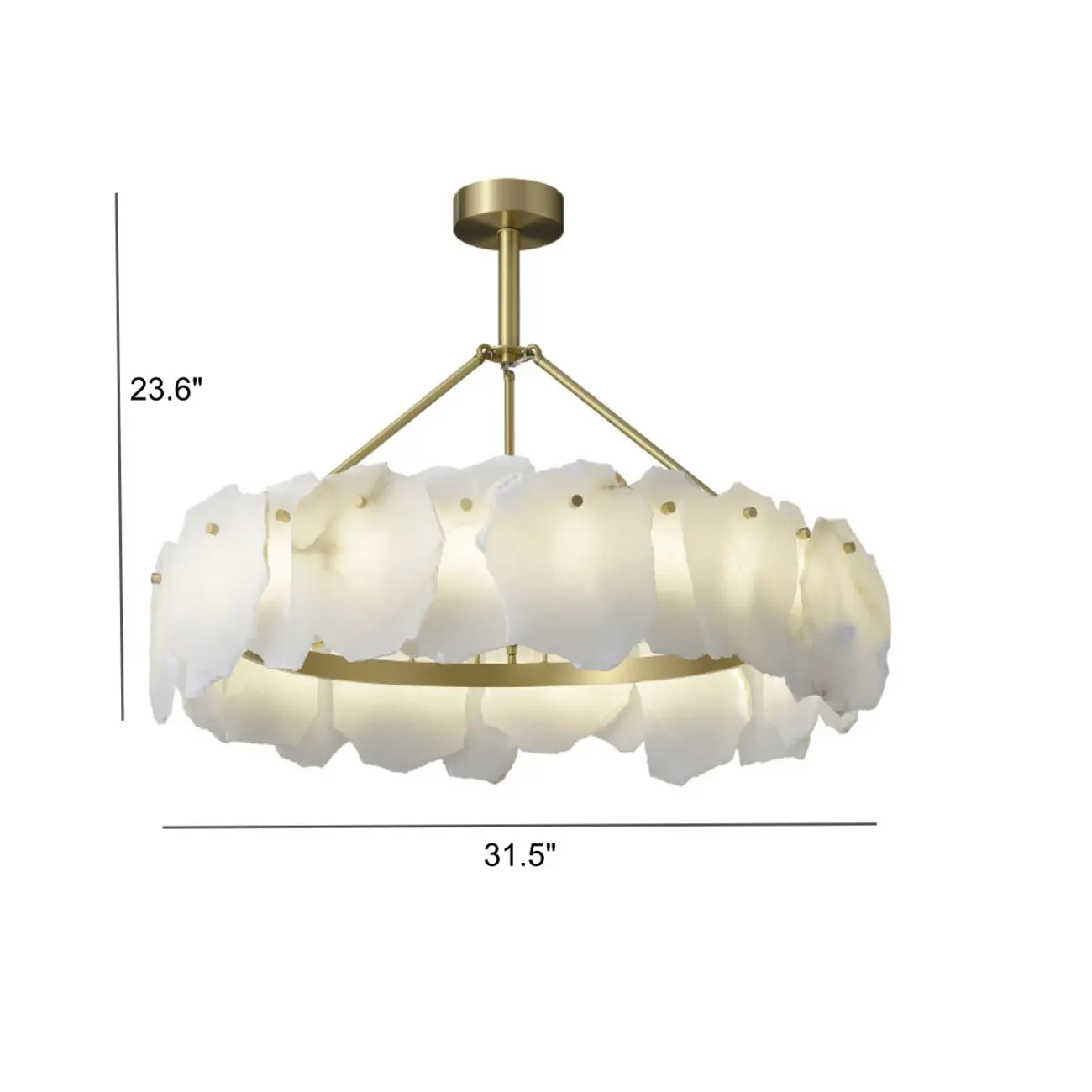 Brass Downrod Circular White Alabaster Chandelier