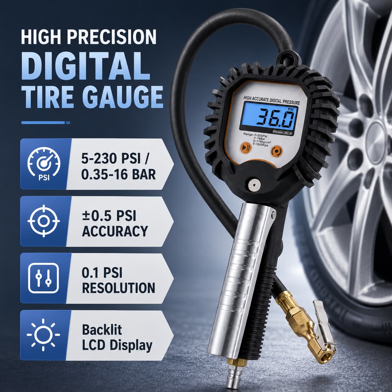 SEAPENG BW-001 Digital Tire Inflator Gauge, 0.3-255 PSI for cars, trucks, RVs and garages
