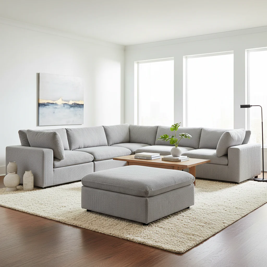 6 Piece Corduroy Upholstered Modular Sectional Sofa with Ottoman