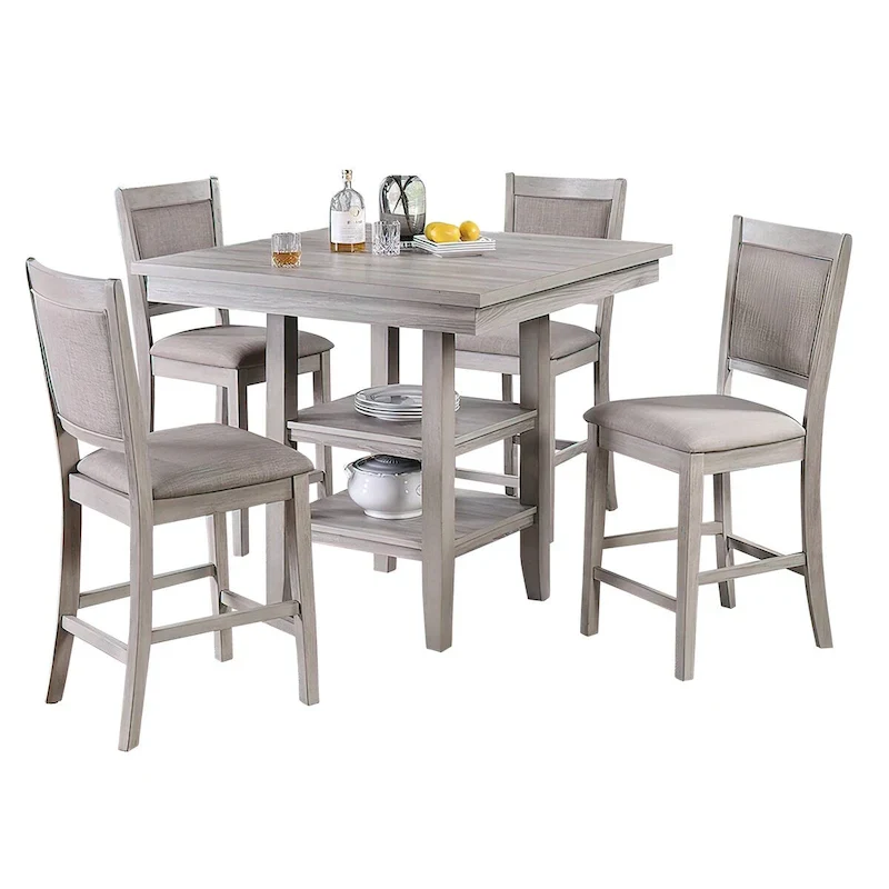 5 Piece Counter Height Dining Set, Table and 4 Chairs, Padded Seats, Gray